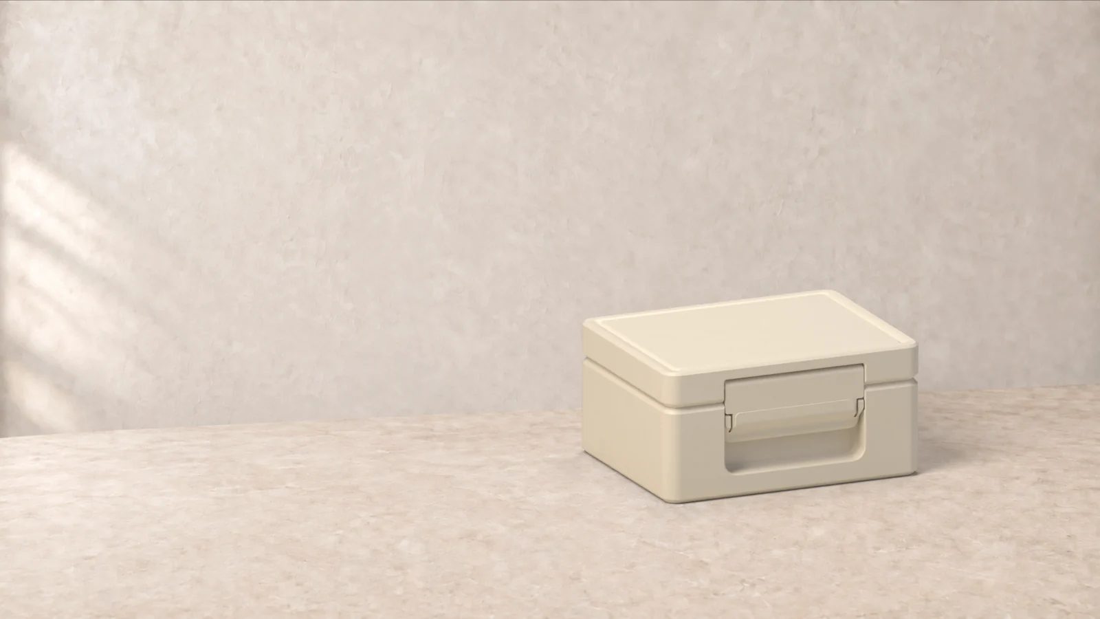 An ivory PepSupply case on a sunlit marble workbench